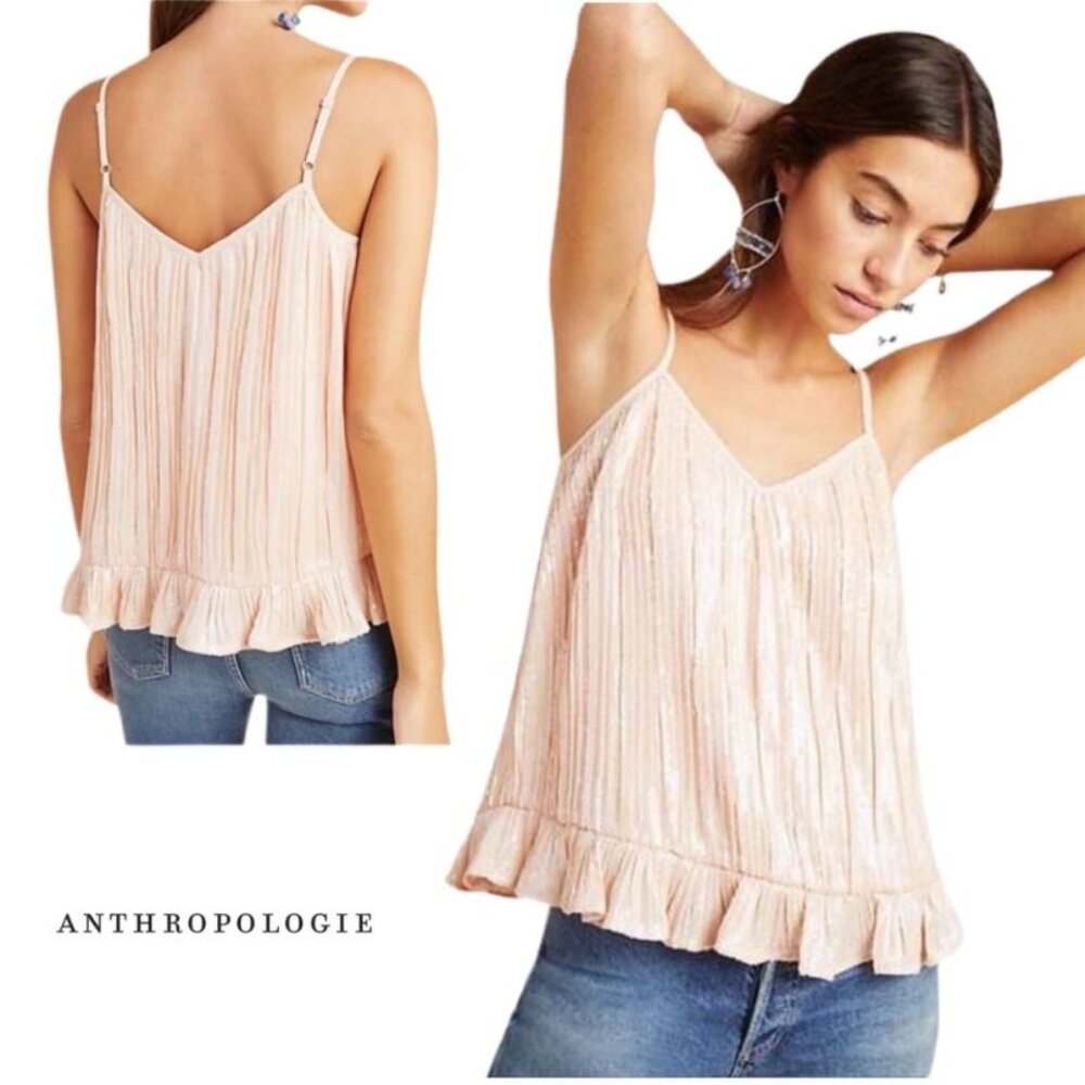 NWT Anthropologie Sz 4 Cami Top Amelie Pale Pink Rose Sequin Ruffle Iridescent